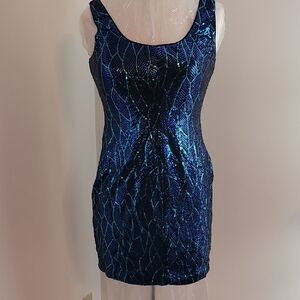Blue and Silver Scoop Neck Sleeveless Mini Dress